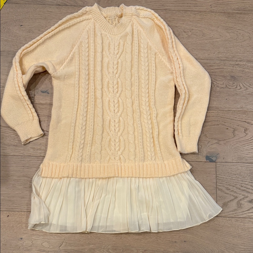 Cream Cable Knit Sweater Dress with Pleated Hem